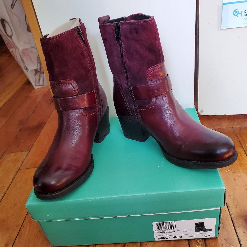 Clarks 'mojito sorbet' boots in burgundy leather/suede women's size 6.5